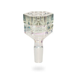 The image displays a clear glass 14mm Terminator Revolution Pull-Out Bowl V2 by Red Eye Tek, featuring a hex-cut grip and six Revolution chambers.