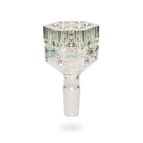 The image displays a clear glass 14mm Terminator Revolution Pull-Out Bowl V2 by Red Eye Tek, featuring a hex-cut grip and six Revolution chambers.