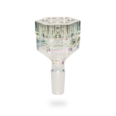 The image displays a clear glass 14mm Terminator Revolution Pull-Out Bowl V2 by Red Eye Tek, featuring a hex-cut grip and six Revolution chambers.