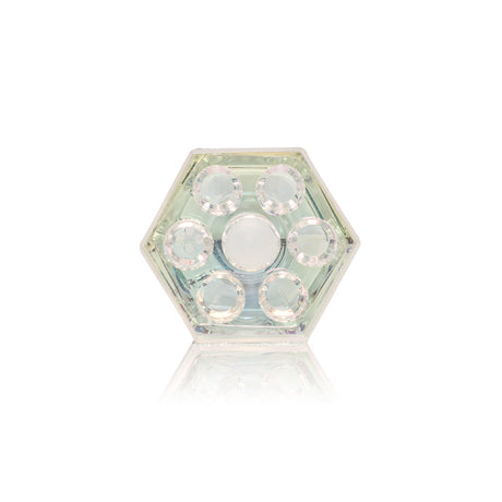 Hexagon-shaped acrylic block with seven lens-like elements, designed for light focusing, resembling the 14mm Terminator Revolution Pull-Out Bowl V2 for innovative multi-bowl smoking.
