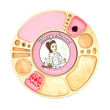 Spinning Rolling Tray with wood and pink silicone compartments, featuring the Blazy Susan logo, offers organized sections for herbs, tools, and lighter.
