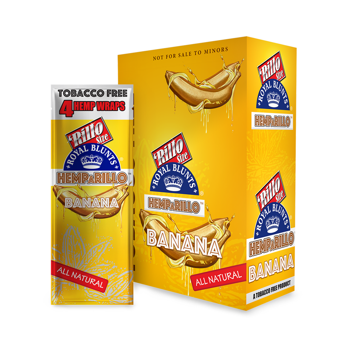Hemparillo Wraps - Banana - Carton of 15, featuring a close-up of a resealable pack highlighting their banana flavor, hemp material, and tobacco-free nature.