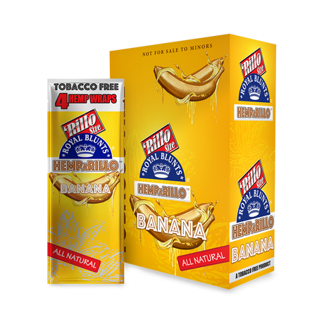 Hemparillo Wraps - Banana - Carton of 15, featuring a close-up of a resealable pack highlighting their banana flavor, hemp material, and tobacco-free nature.
