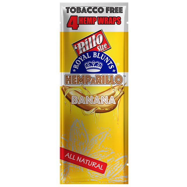 Hemparillo Wraps - Banana - Carton of 15, featuring a close-up of the logo and resealable packs, ideal for offering a tobacco-free, banana-flavored experience.