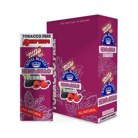 Hemparillo Wraps - Berries - Carton of 15, featuring hemp-based wraps with a mixed berry flavor, highlighted by close-up raspberry imagery on packaging.