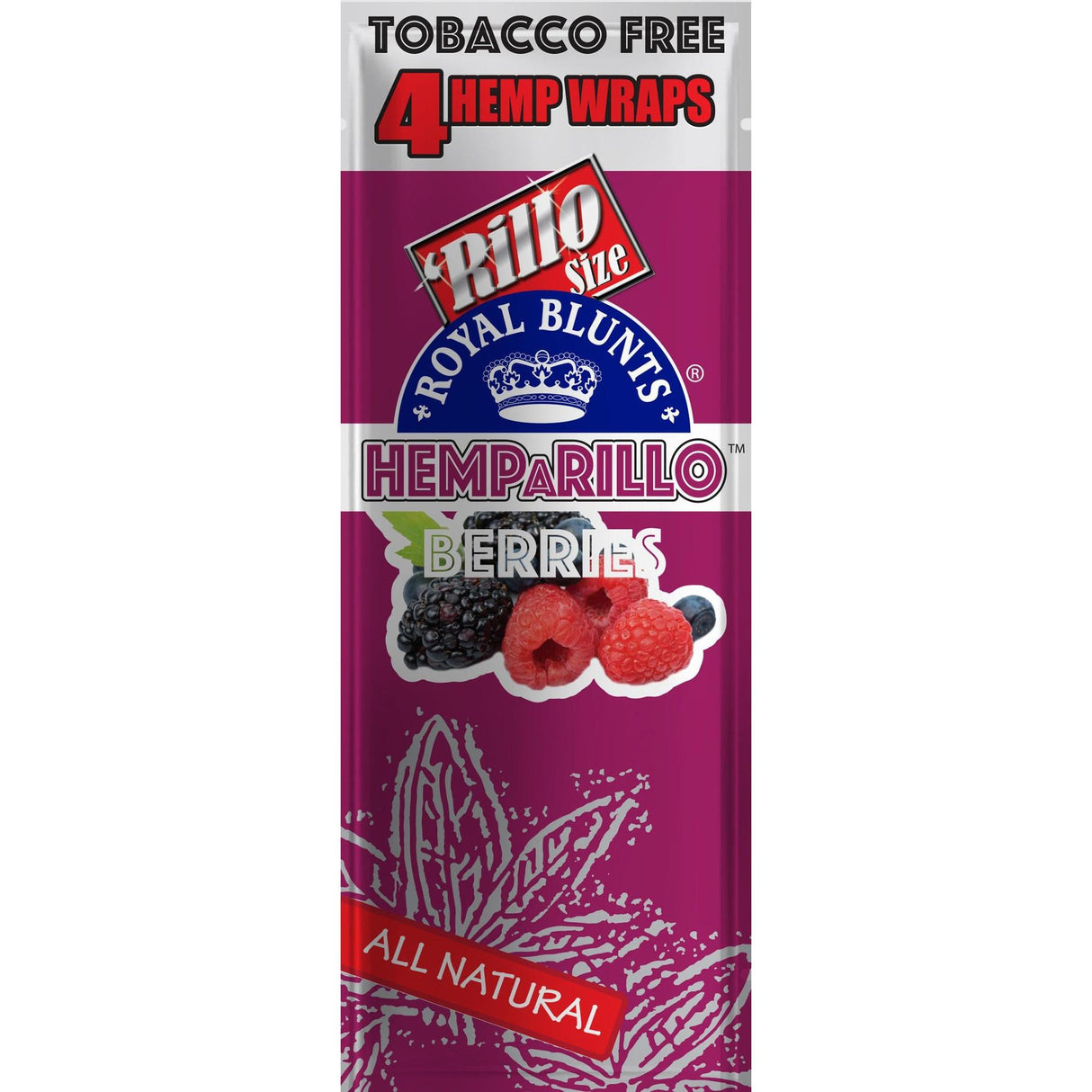 Hemparillo Wraps - Berries carton features a logo with a white crown and letter on a blue background, highlighting 100% hemp and mixed berry flavor wraps.