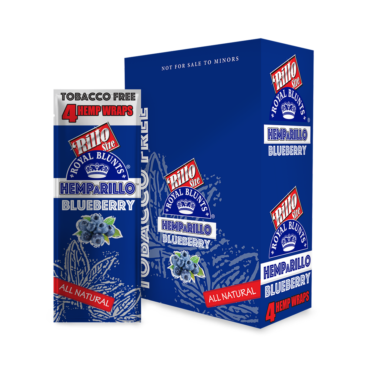 Hemparillo Wraps - Blueberry - Carton of 15, featuring sleek blue packaging with white text, ideal for tobacco-free, sweet, fruity smoking experiences.