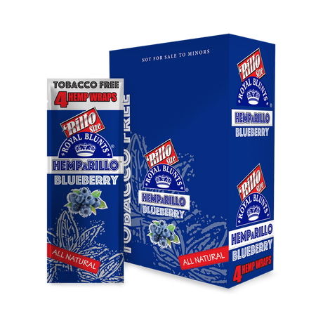 Hemparillo Wraps - Blueberry - Carton of 15, featuring sleek blue packaging with white text, ideal for tobacco-free, sweet, fruity smoking experiences.