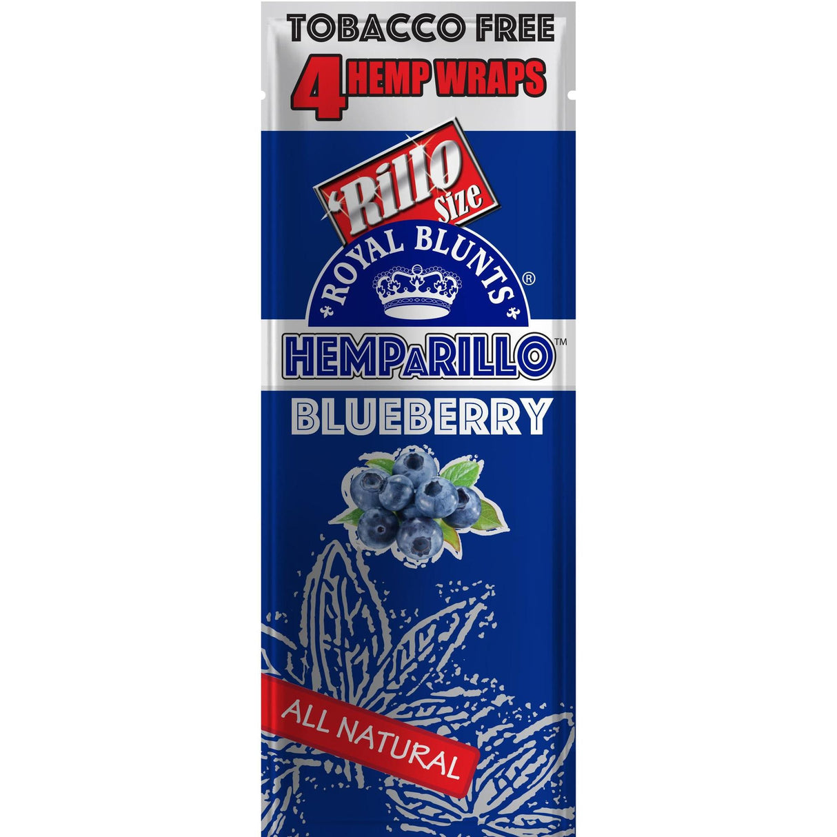 Hemparillo Wraps - Blueberry - Carton of 15, featuring blueberry imagery and crown logo, highlighting tobacco-free, slow-burning natural hemp wraps with sweet, fruity flavor.
