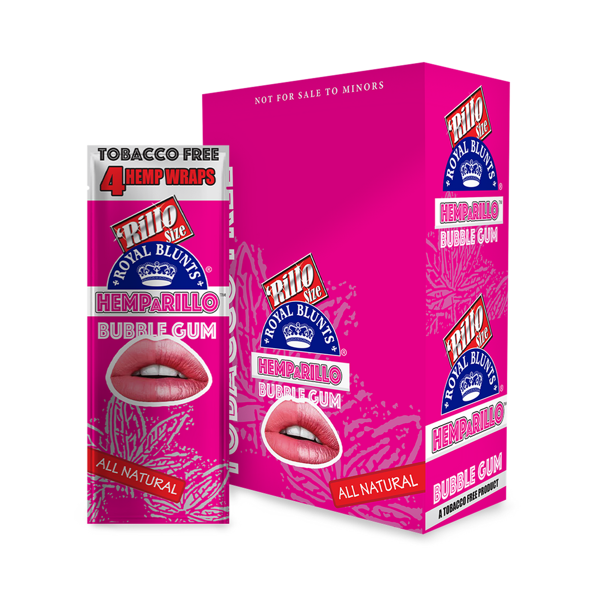 Close-up of Hemparillo Wraps - Bubble Gum - Carton of 15, featuring pink packaging with lips image, highlighting natural hemp, bubble gum flavor, and resealable pack.