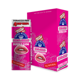 Close-up of Hemparillo Wraps - Bubble Gum - Carton of 15, featuring pink packaging with lips image, highlighting natural hemp, bubble gum flavor, and resealable pack.