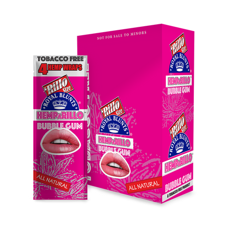 Close-up of Hemparillo Wraps - Bubble Gum - Carton of 15, featuring pink packaging with lips image, highlighting natural hemp, bubble gum flavor, and resealable pack.