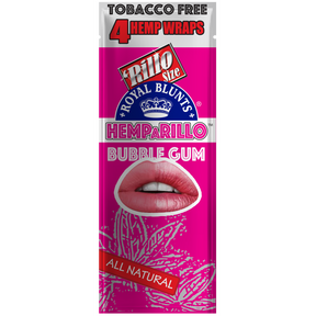 Hemparillo Wraps - Bubble Gum - Carton of 15, featuring close-ups of lips, logo, and sign, highlighting natural hemp wraps with a sweet bubble gum flavor.
