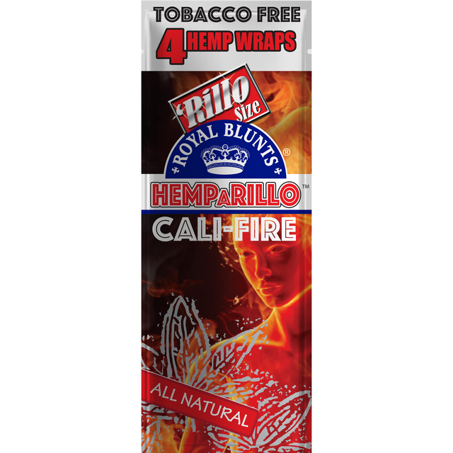 Hemparillo Wraps - Cali Fire - Carton of 15, featuring a blue and white design with a crown, offering tobacco-free, slow-burning hemp wraps.