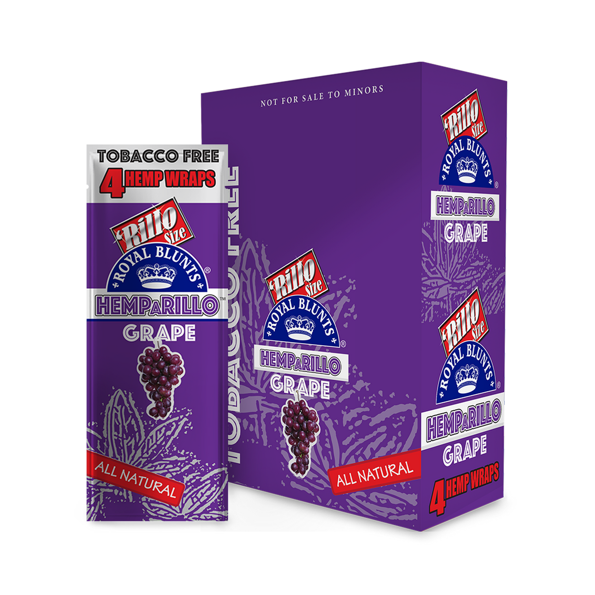 Hemparillo Wraps - Grape - Carton of 15, featuring a purple can design with grape imagery, indicating bold grape-flavored, all-natural hemp wraps.