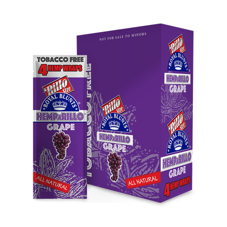 Hemparillo Wraps - Grape - Carton of 15, featuring a purple can design with grape imagery, indicating bold grape-flavored, all-natural hemp wraps.