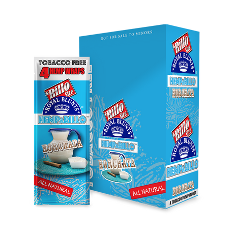 Hemparillo Wraps - Horchata - Carton of 15, featuring a blue and white package with a pitcher of milk, inspired by sweet, creamy horchata flavor.
