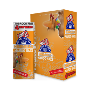 Hemparillo Wraps - Mango Haze - Carton of 15; box with mango-flavored hemp wraps, emphasizing slow burn and tropical taste. Ideal for dispensaries and head shops.