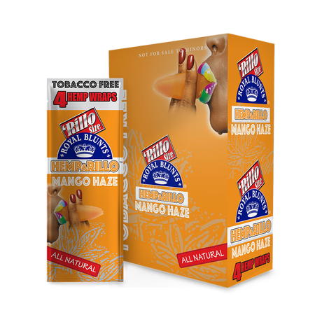 Hemparillo Wraps - Mango Haze - Carton of 15; box with mango-flavored hemp wraps, emphasizing slow burn and tropical taste. Ideal for dispensaries and head shops.