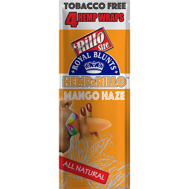 Hemparillo Wraps - Mango Haze - Carton of 15, featuring a blue and white logo with a crown, highlighting its tropical mango flavor and natural hemp composition.