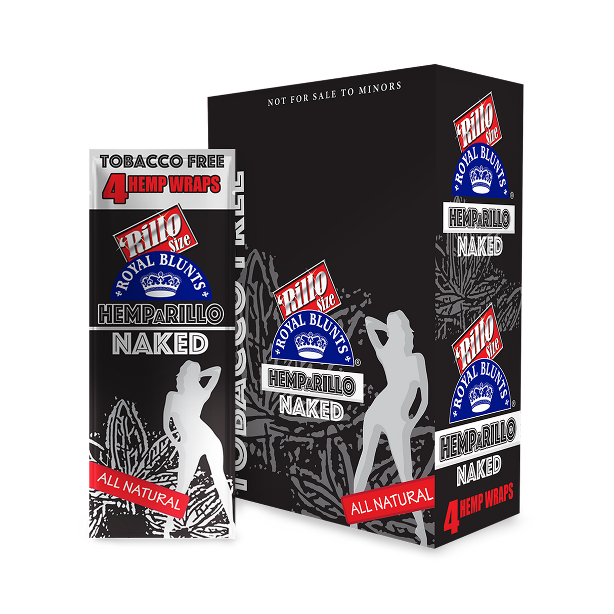 Hemparillo Wraps - Naked - Carton of 15; close-up of black and white logo on packaging, emphasizing unflavored hemp wraps for a pure smoking experience.