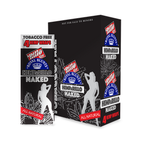Hemparillo Wraps - Naked - Carton of 15; close-up of black and white logo on packaging, emphasizing unflavored hemp wraps for a pure smoking experience.