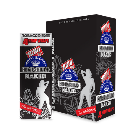 Hemparillo Wraps - Naked - Carton of 15; close-up of black and white logo on packaging, emphasizing unflavored hemp wraps for a pure smoking experience.