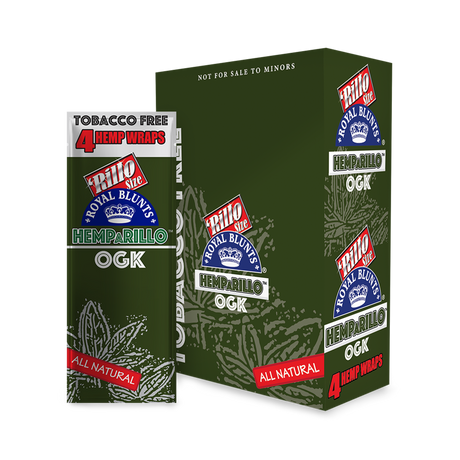 Hemparillo Wraps - OG Kush carton, featuring green packaging with brand logos, offering 15 packs of 100% hemp, slow-burning, tobacco-free wraps.