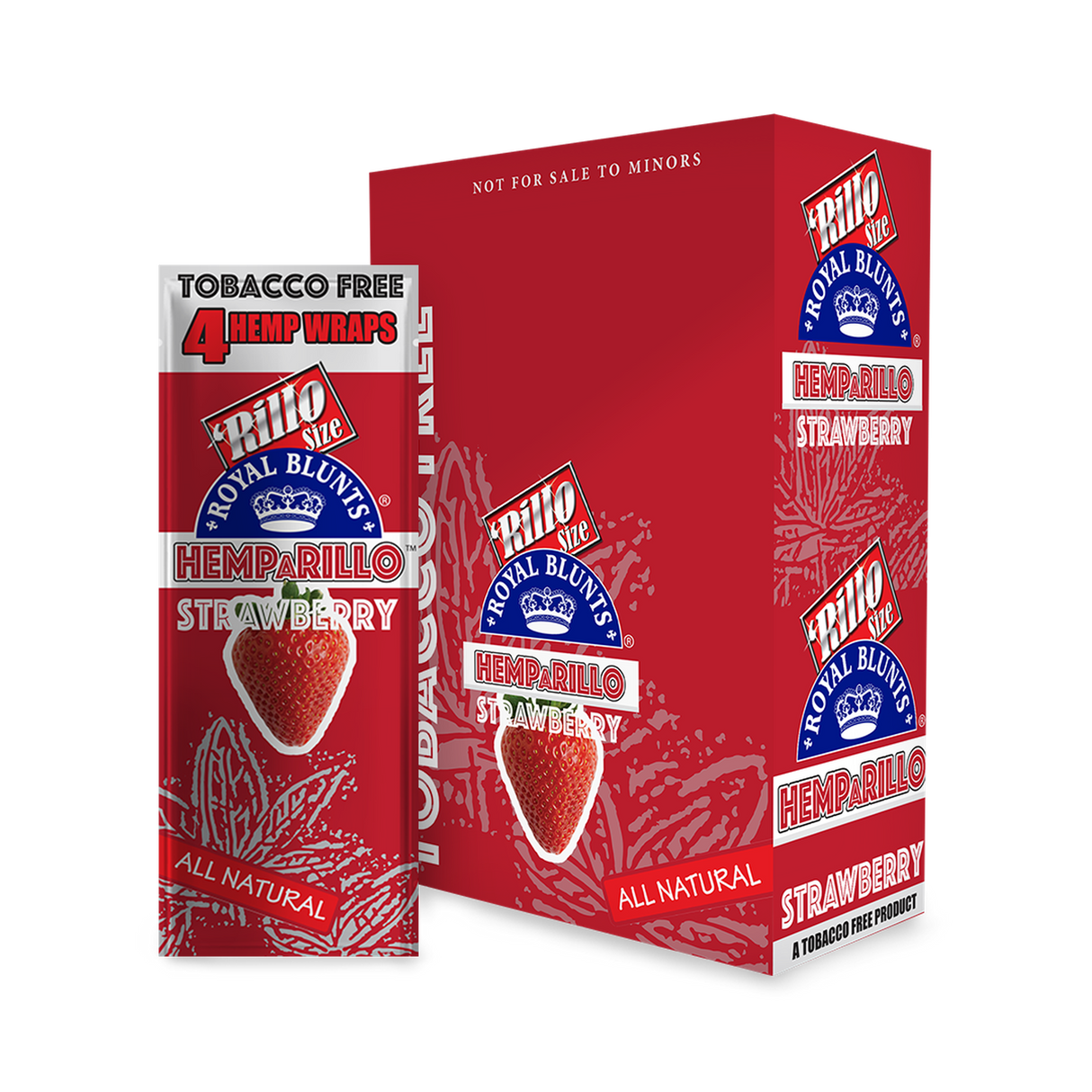 Hemparillo Wraps - Strawberry - Carton of 15, featuring natural hemp wraps with a sweet strawberry flavor, shown alongside a red strawberry juice can and related items.