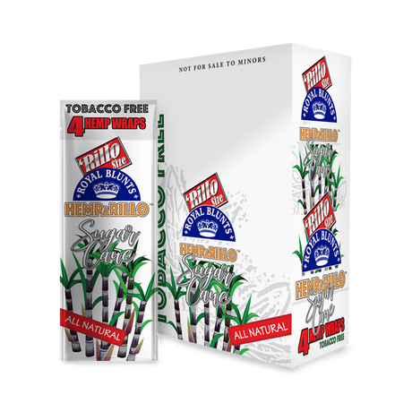 Hemparillo Wraps - Sugar Cane - Carton of 15, featuring a resealable pack with natural hemp wraps, visible box, and close-up of packaging detail.