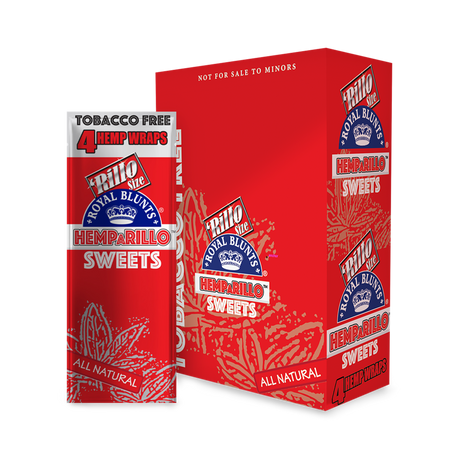 Hemparillo Wraps - Sweet - Carton of 15 featuring red packaging with white and blue text, offers all-natural, tobacco-free hemp wraps for a smooth smoking experience.