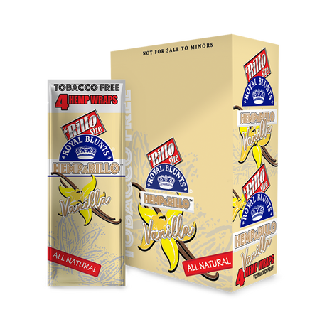 Hemparillo Wraps - Vanilla - Carton of 15, featuring a package of hemp wraps with smooth vanilla flavor, tobacco- and nicotine-free, ideal for smoke shops.