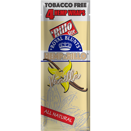 Hemparillo Wraps - Vanilla - Carton of 15, featuring smooth vanilla-flavored hemp wraps, tobacco- and nicotine-free, ideal for smoke shops, highlighted with graphic signs and text.