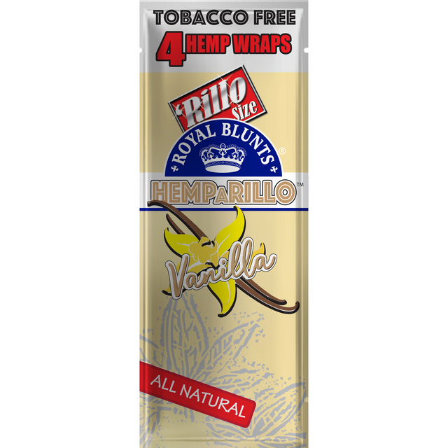 Hemparillo Wraps - Vanilla - Carton of 15, featuring smooth vanilla-flavored hemp wraps, tobacco- and nicotine-free, ideal for smoke shops, highlighted with graphic signs and text.