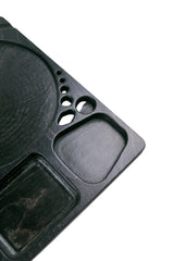 Blazy Susan Dab Tray featuring a dark-stained wooden design with multiple compartments, including a large circular well, rectangular depressions, and small round holes for organized setups.