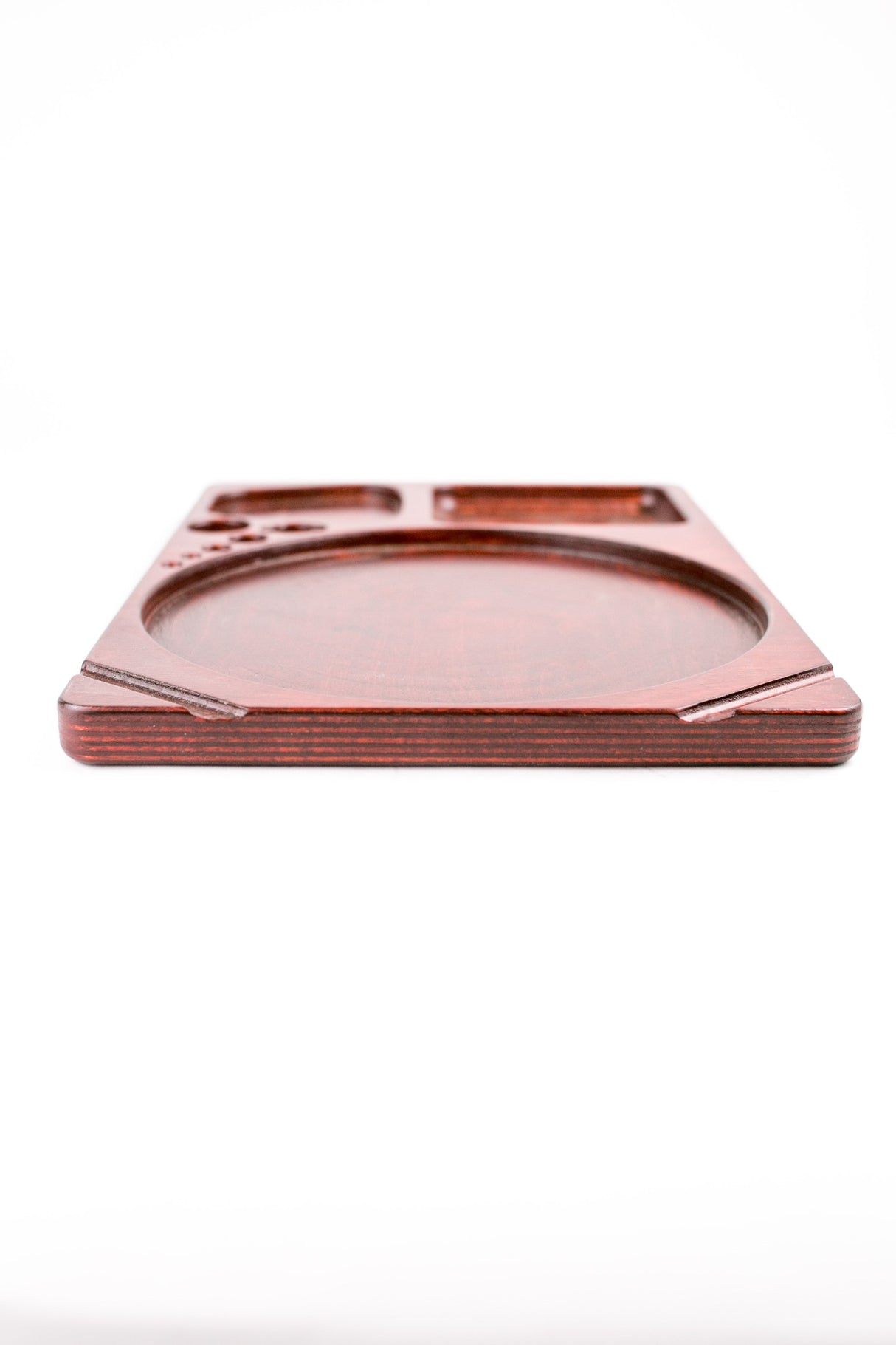 Rectangular wooden Blazy Susan Dab Tray with a large circular recess, two small rectangular depressions, and holes, designed for organized tea or dab setups.
