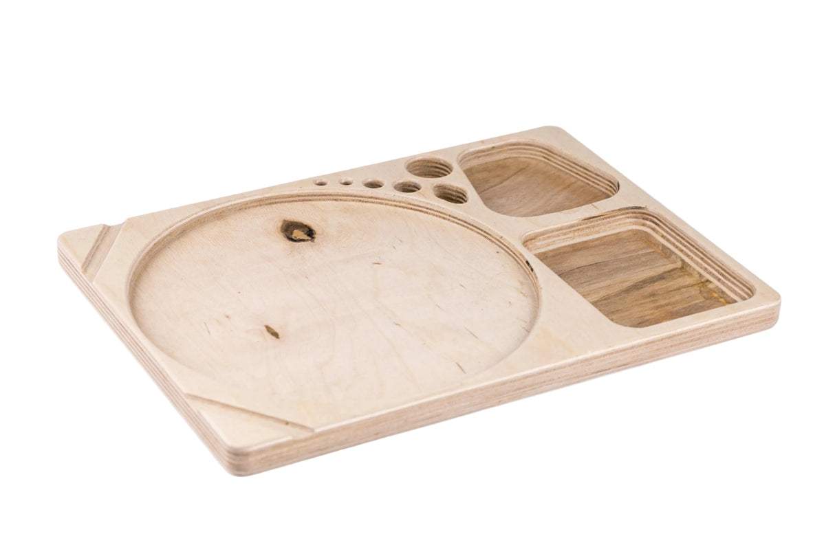 Modular Blazy Susan Dab Tray, unfinished plywood with recessed wells: a large circle, five small holes, and two rectangles, ideal for organized setups.