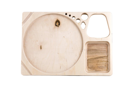 Blazy Susan Dab Tray: Laser-cut birch wood organizer with brush holders, paint mixing well, and compartments for art supplies, designed for efficient desk use.