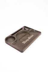 Hemp Plastic Rolling Tray with recessed areas, grooves, and Blazy Susan logo, designed for organizing rolling accessories, made from biodegradable hemp plastic.