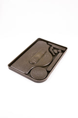 Hemp Plastic Rolling Tray with precision-cut recesses for organization, showcasing its eco-friendly, durable design on a white background.
