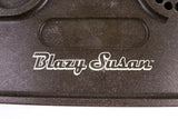Close-up of the Blazy Susan Hemp Plastic Rolling Tray, showcasing its durable, speckled surface and white logo, emphasizing its eco-conscious, biodegradable construction.