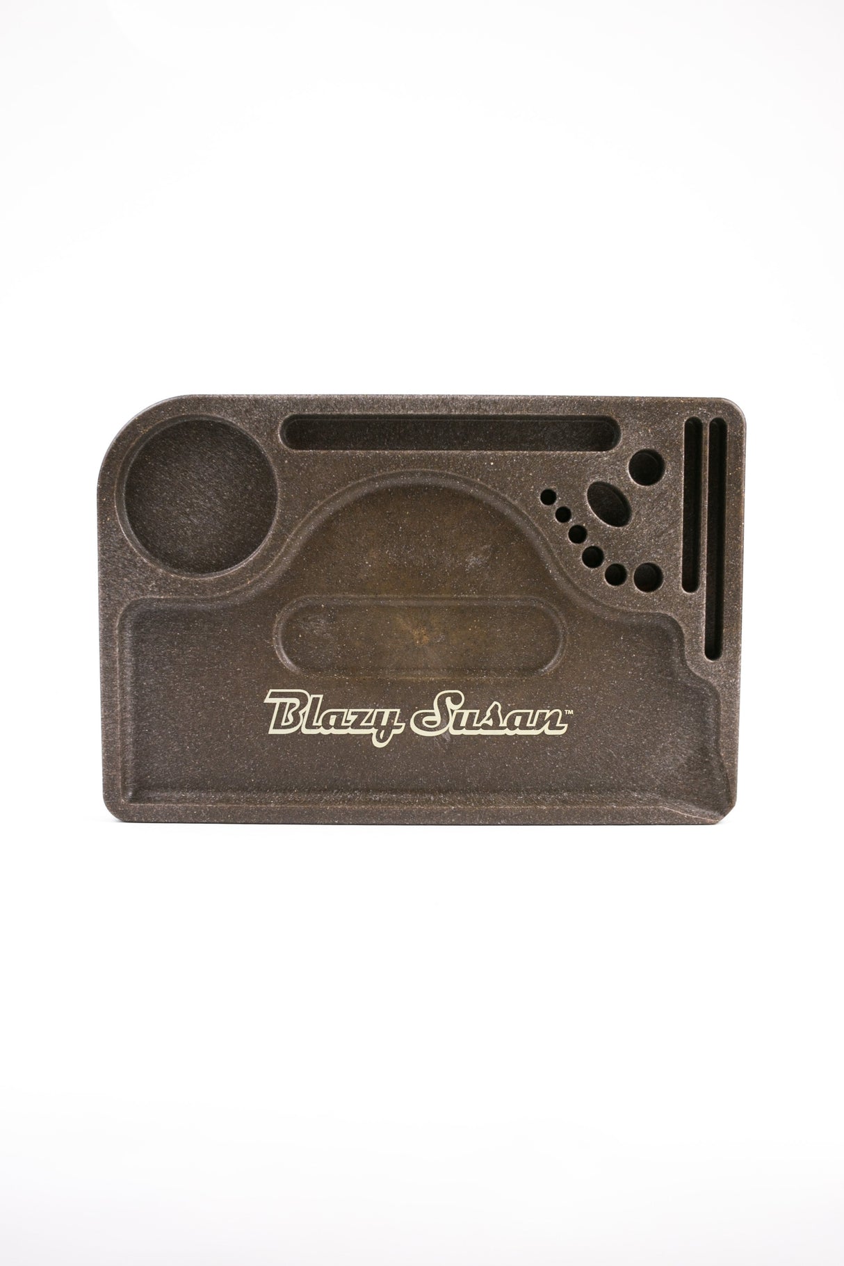 Hemp Plastic Rolling Tray with compartments for organizing rolling papers, tools, and herbs; features Blazy Susan branding, crafted from biodegradable hemp plastic for durability and eco-friendliness.