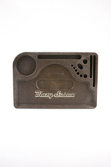 Hemp Plastic Rolling Tray with compartments for organizing rolling papers, tools, and herbs; features Blazy Susan branding, crafted from biodegradable hemp plastic for durability and eco-friendliness.