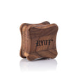 RYOT 1905 Fly Walnut Grinder with dark-grain walnut body, curved sides, stamped logo, and steel teeth, designed for compact herb storage and grinding.