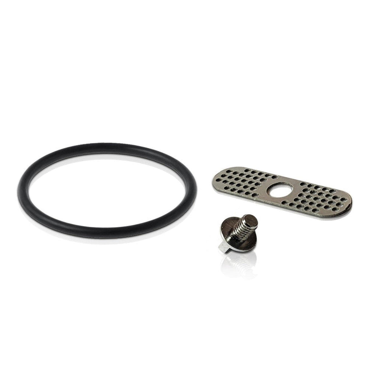 RYOT® Dry Herb Vaporizer Tune Up Kit showing a close-up of a screw, a metal plate with holes, and a replacement O-ring for the mouthpiece.