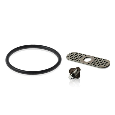 RYOT® Dry Herb Vaporizer Tune Up Kit showing a close-up of a screw, a metal plate with holes, and a replacement O-ring for the mouthpiece.