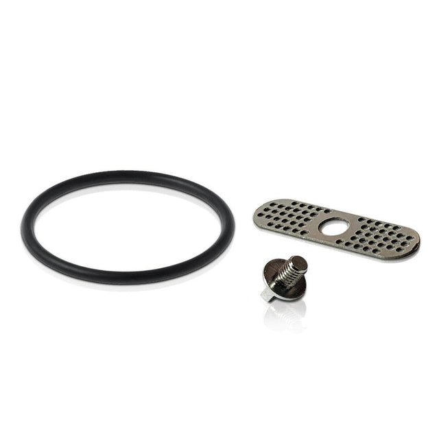 RYOT® Dry Herb Vaporizer Tune Up Kit showing a close-up of a screw, a metal plate with holes, and a replacement O-ring for the mouthpiece.