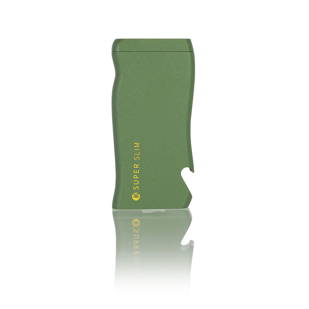 Super Slim Aluminum Dugout - Powder Coated - Black, showing green anodized metal tool with yellow SUPER SLIM text, integrated bottle opener, on white reflective surface.