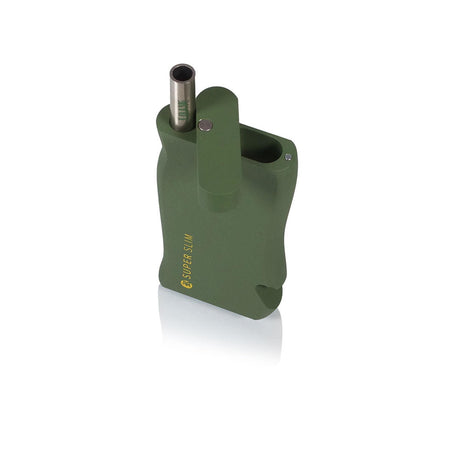 Super Slim Aluminum Dugout - Powder Coated - Black features an olive-green handheld pipe with integrated flip-top lid and metal bat mouthpiece, ideal for on-the-go smoking.