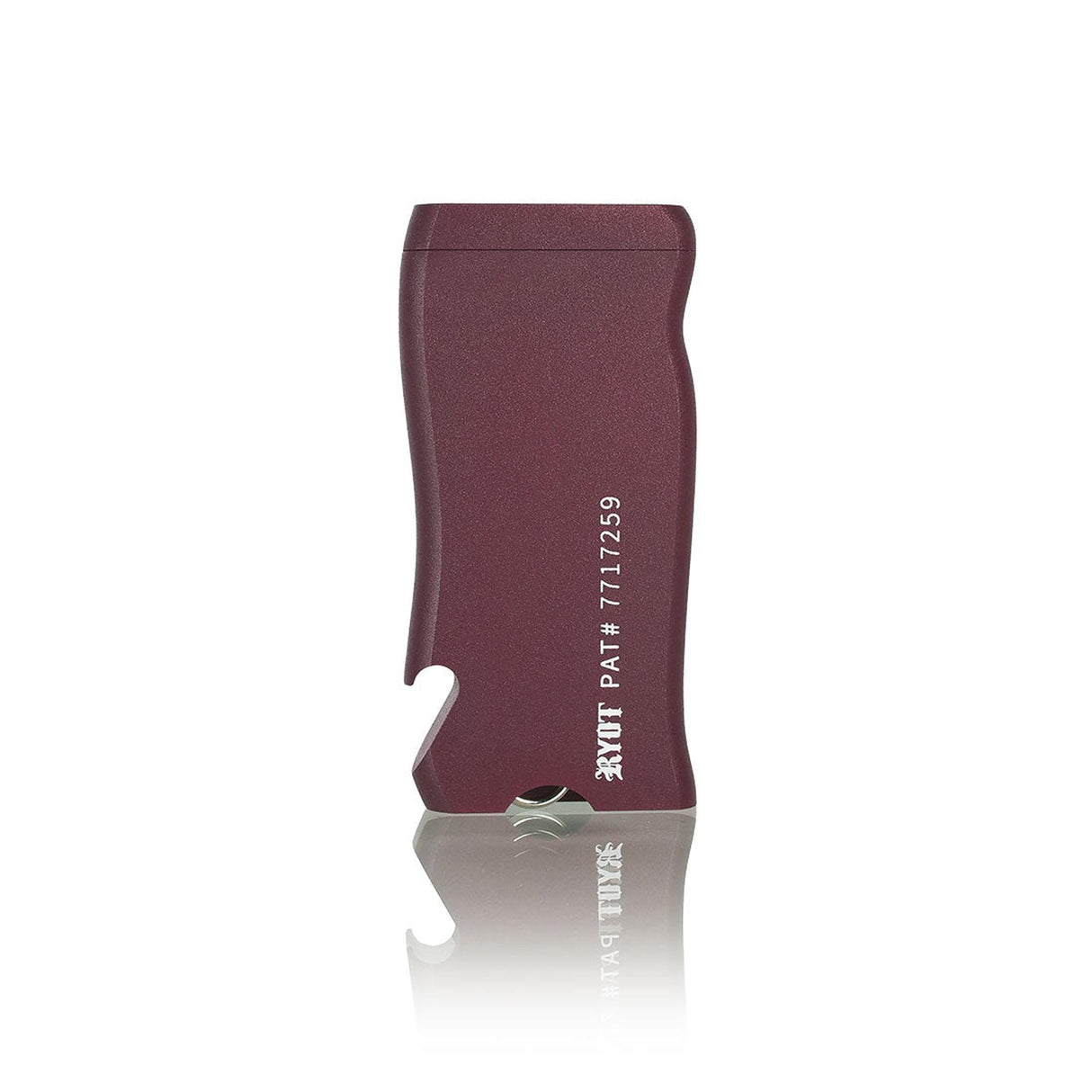 Super Slim Aluminum Dugout - Powder Coated - Black: Pocket-sized maroon metal bottle opener with ergonomic grip and hooked lip, patent number 7717259 visible on the side.